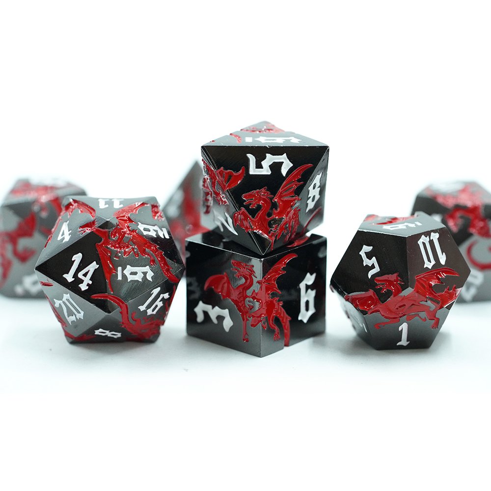 12-sided Game Dice 7pcs Set Multi-sided Digital Dice Complex Pattern Red Dragon Game Dice Wholesale
