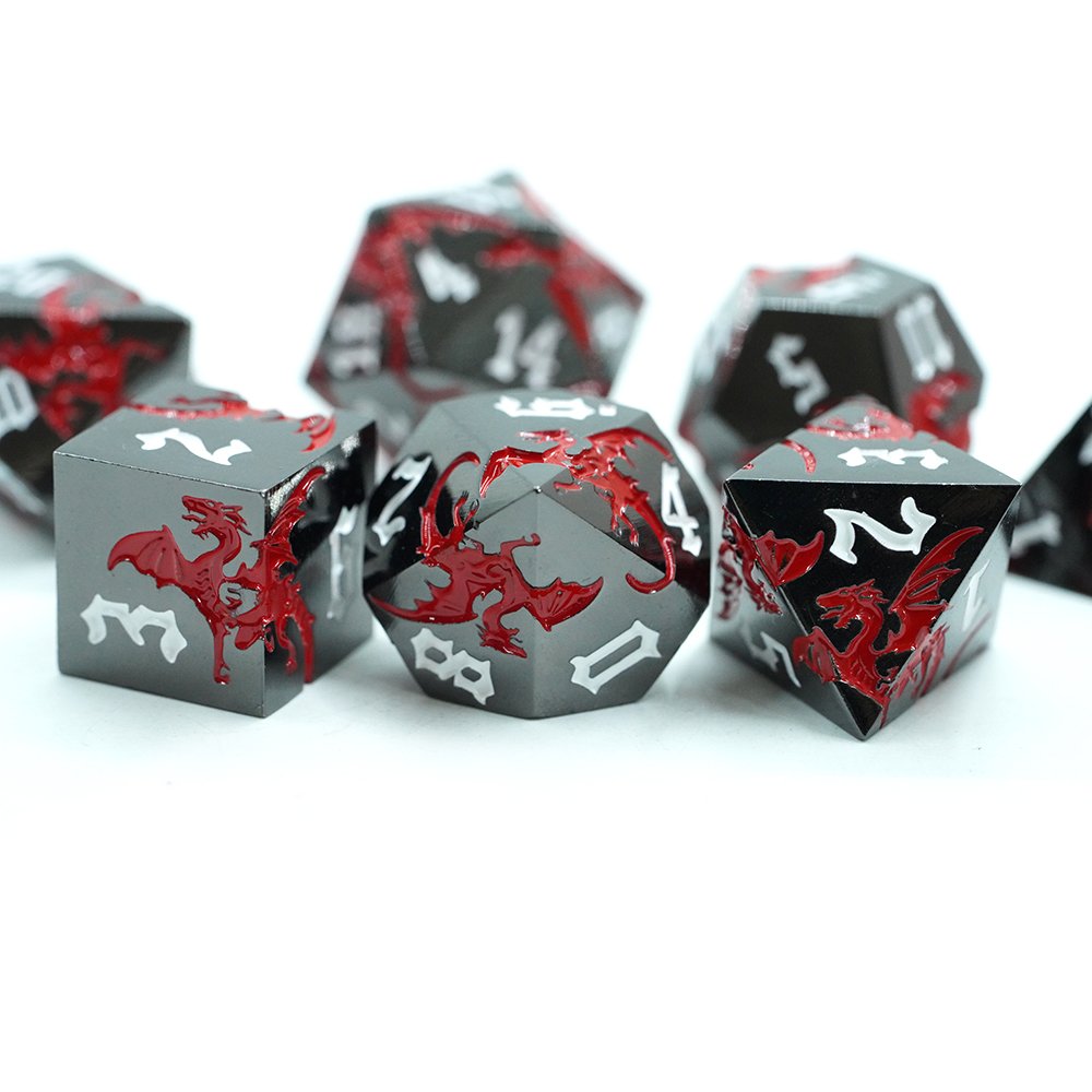 12-sided Game Dice 7pcs Set Multi-sided Digital Dice Complex Pattern Red Dragon Game Dice Wholesale