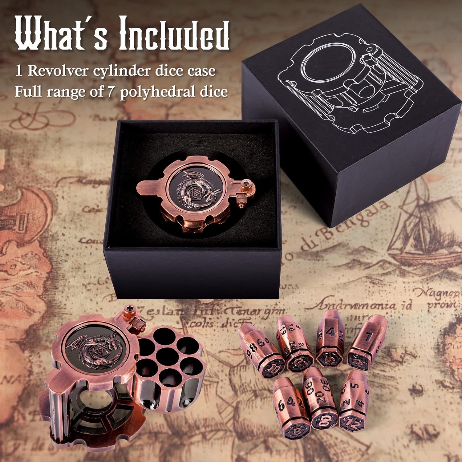 Metal Polyhedral Bullet Dice Set of 7 with Rotating Revolver Cylinder Container D&D, Sci-Fi War or Crime themed tabletop games