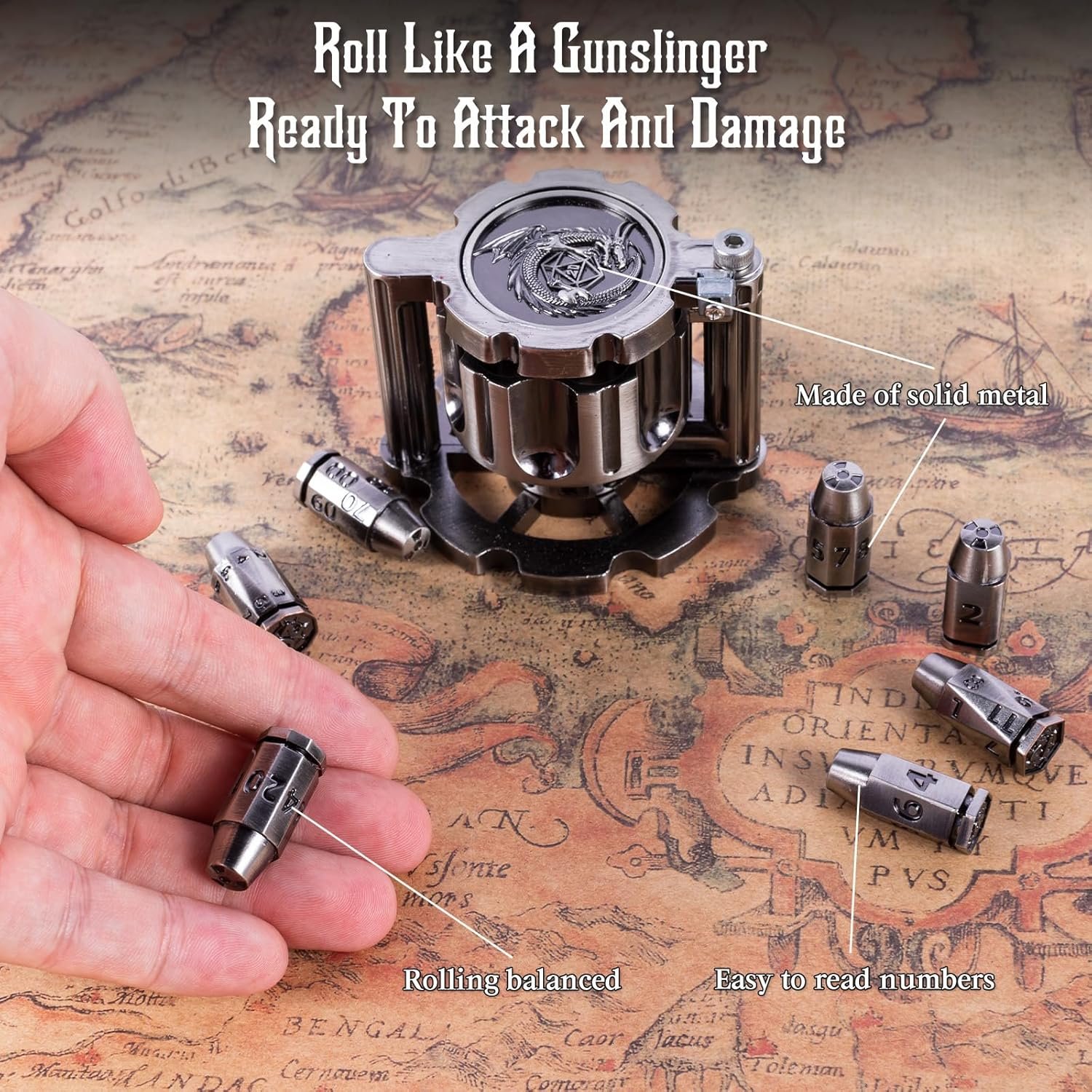 Metal Polyhedral Bullet Dice Set of 7 with Rotating Revolver Cylinder Container D&D, Sci-Fi War or Crime themed tabletop games