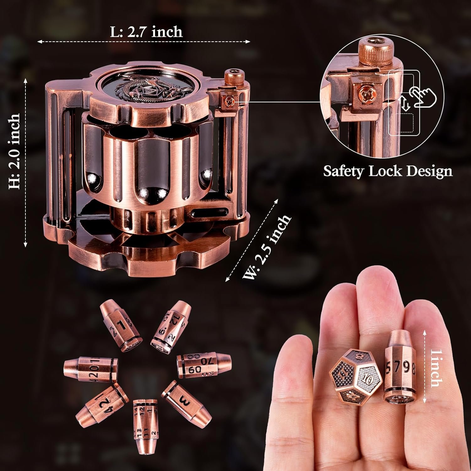 Metal Polyhedral Bullet Dice Set of 7 with Rotating Revolver Cylinder Container D&D, Sci-Fi War or Crime themed tabletop games