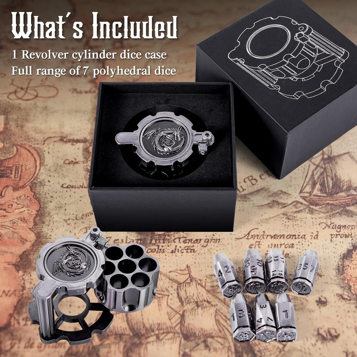 Metal Polyhedral Bullet Dice Set of 7 with Rotating Revolver Cylinder Container D&D, Sci-Fi War or Crime themed tabletop games