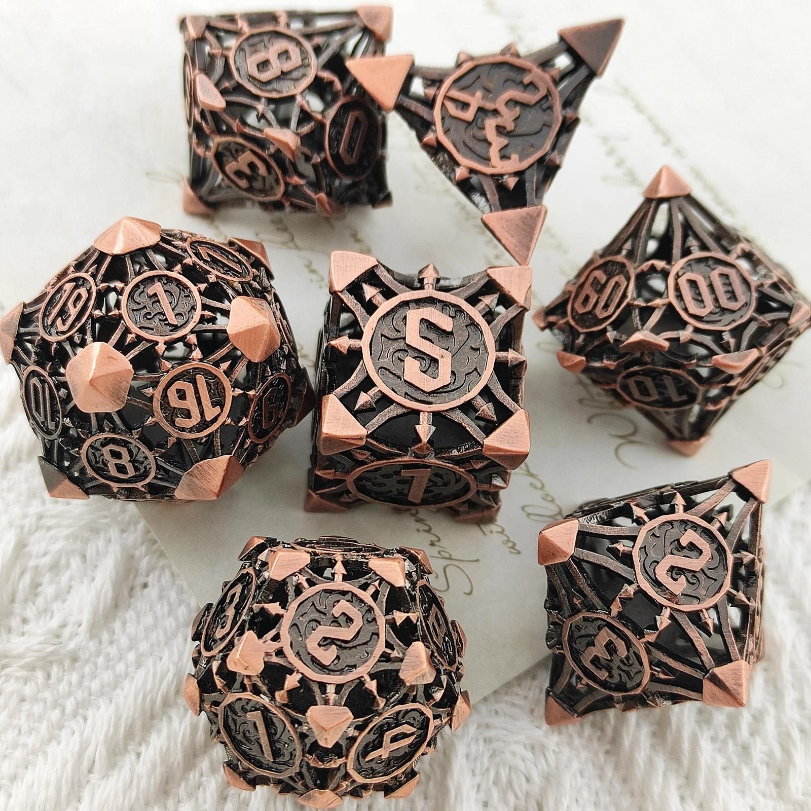 Mini Planet Wholesale RPG Board Games Handmade polyhedral Copper hollow Metal dice set 7pcs Dice Custom Logo for DND MTG Players