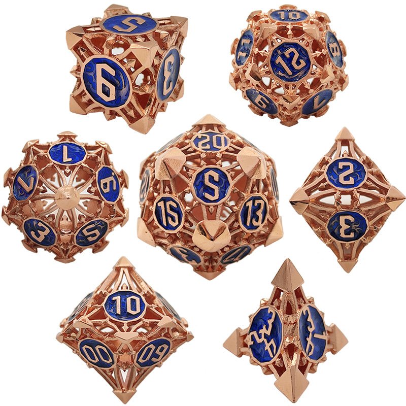 Mini Planet Wholesale RPG Board Games Handmade polyhedral Copper hollow Metal dice set 7pcs Dice Custom Logo for DND MTG Players