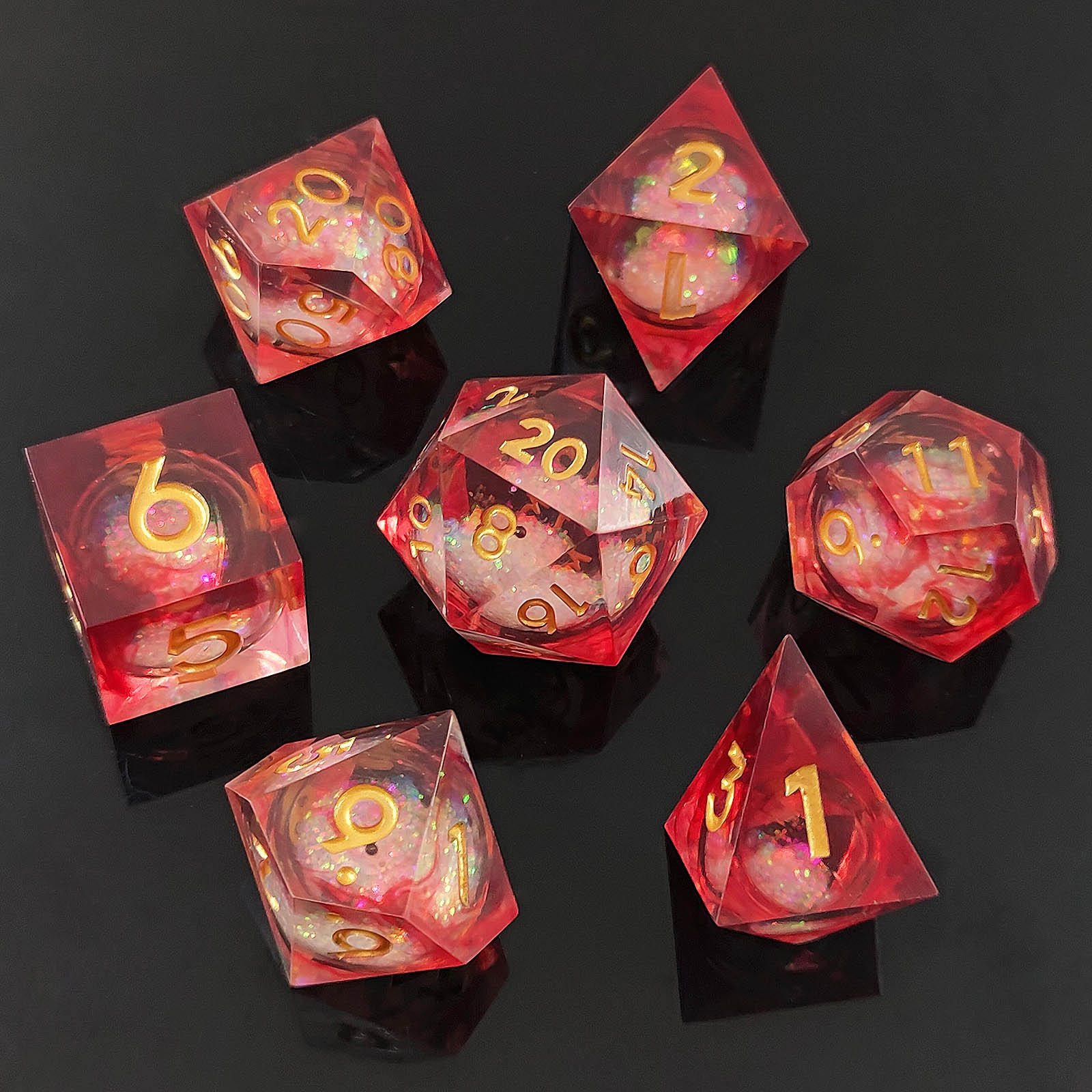 JMS dnd trpg colorful flowing translucent resin liquid core dice set with glitter