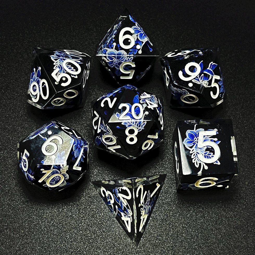2024 Easysay Sharp Edge Dice For Dungeons And Dragons blue and white porcelain flowers Resin Transparent Polyhedral D&d Dice Set