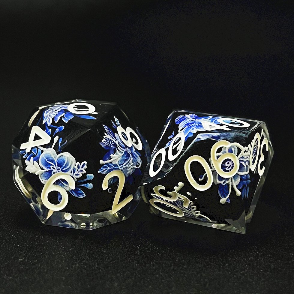 2024 Easysay Sharp Edge Dice For Dungeons And Dragons blue and white porcelain flowers Resin Transparent Polyhedral D&d Dice Set