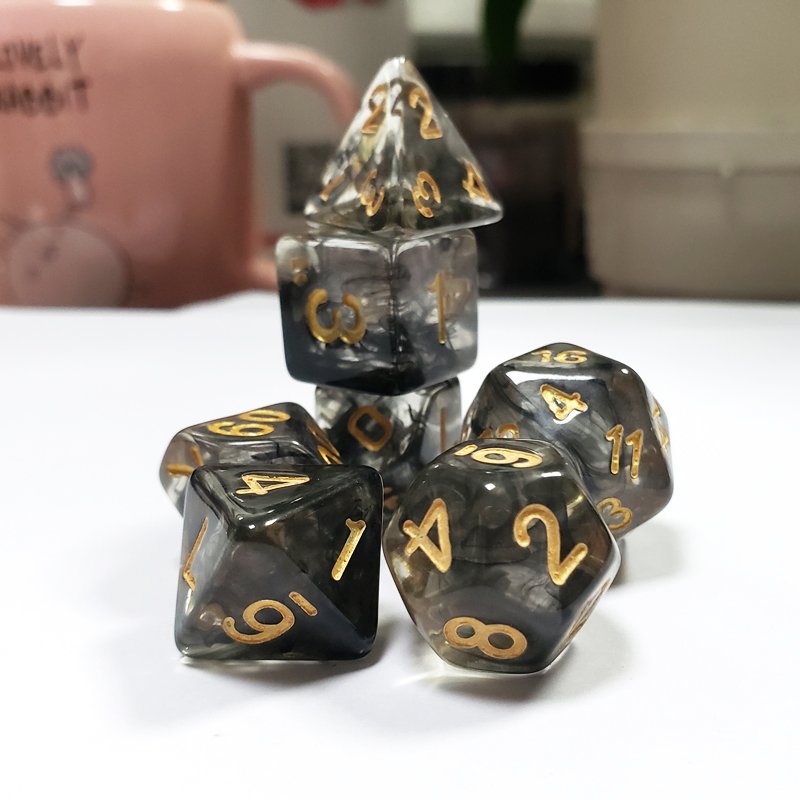 Custom Logo 7pcs Polyhedral Transparent Resin Round Corner Mist Smoke Effect Dice For DND Role Playing Games