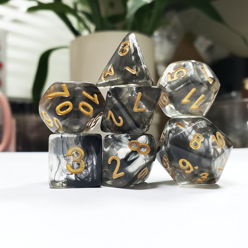 Custom Logo 7pcs Polyhedral Transparent Resin Round Corner Mist Smoke Effect Dice For DND Role Playing Games