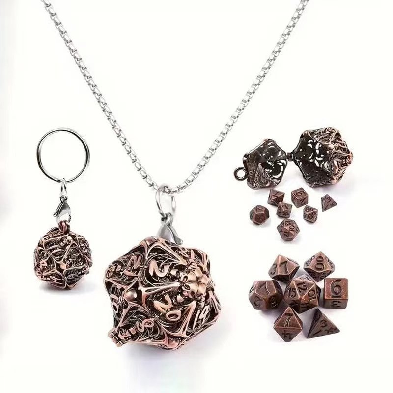 Mini Dice Set 7 Pcs Tiny Small Metal Dice Set Hollow D20 Necklace Dice Case Keychain Role Playing Table Games Portable