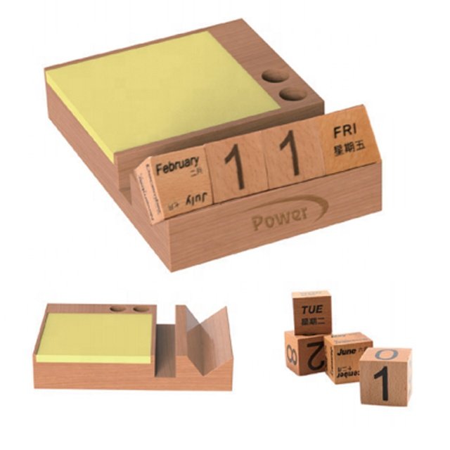 2023 new design multi function bamboo/wooden desktop advent cube calendar block with pen holder sticky notes and dice
