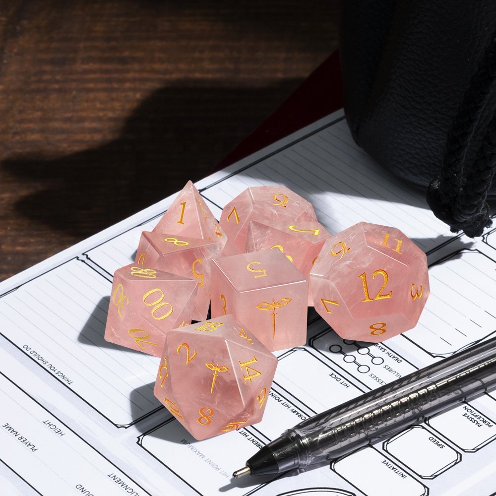 Natural Pink Crystal Stone Dice Set D4 D6 D8 D10 D12 D20 DND Gemstone Dice For Dungeons And Dragons RPG
