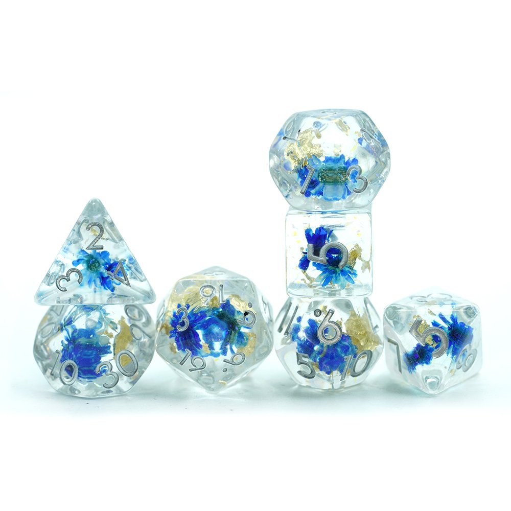 Yushun Awesome Board Game 7 Pieces Polyhedral resin blue flower Dice Sets For Dnd Rpg Game Lover