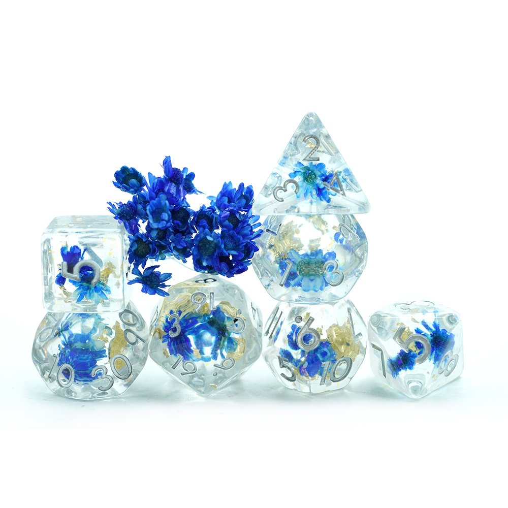 Yushun Awesome Board Game 7 Pieces Polyhedral resin blue flower Dice Sets For Dnd Rpg Game Lover