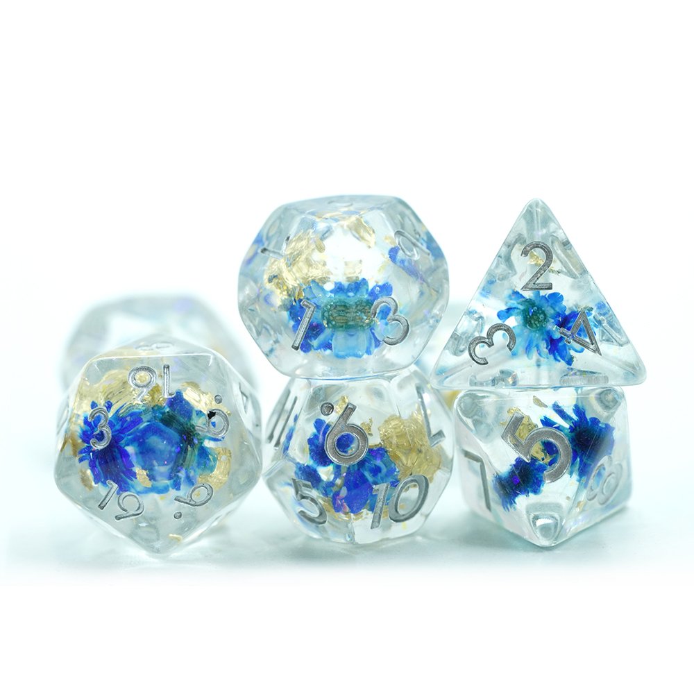 Yushun Awesome Board Game 7 Pieces Polyhedral resin blue flower Dice Sets For Dnd Rpg Game Lover