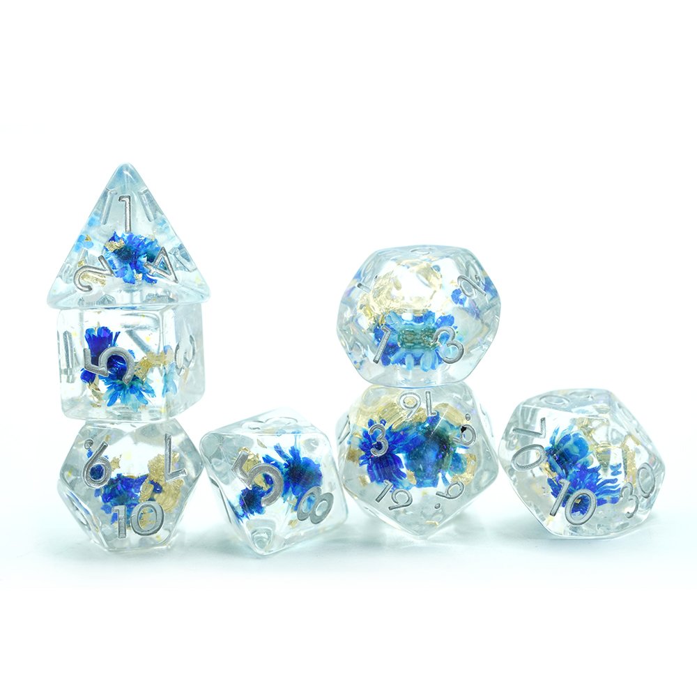 Yushun Awesome Board Game 7 Pieces Polyhedral resin blue flower Dice Sets For Dnd Rpg Game Lover