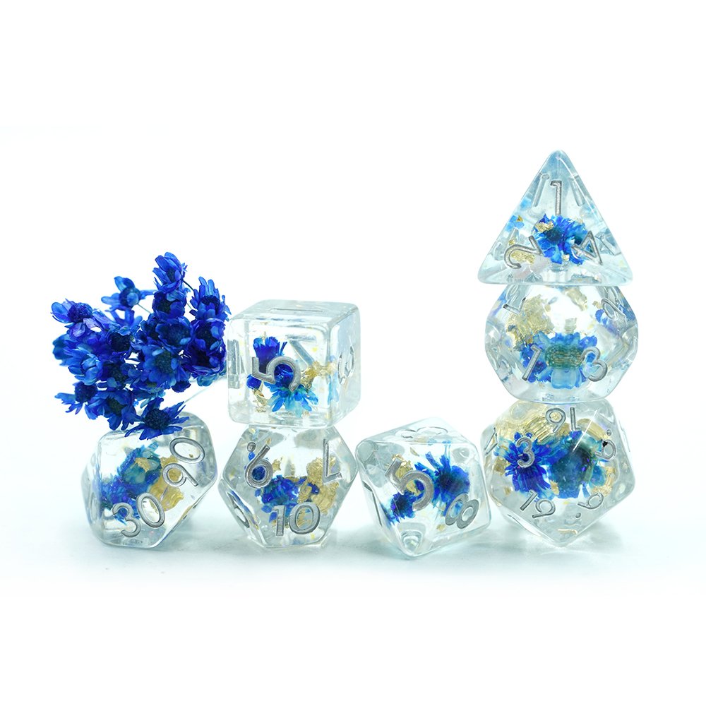 Yushun Awesome Board Game 7 Pieces Polyhedral resin blue flower Dice Sets For Dnd Rpg Game Lover