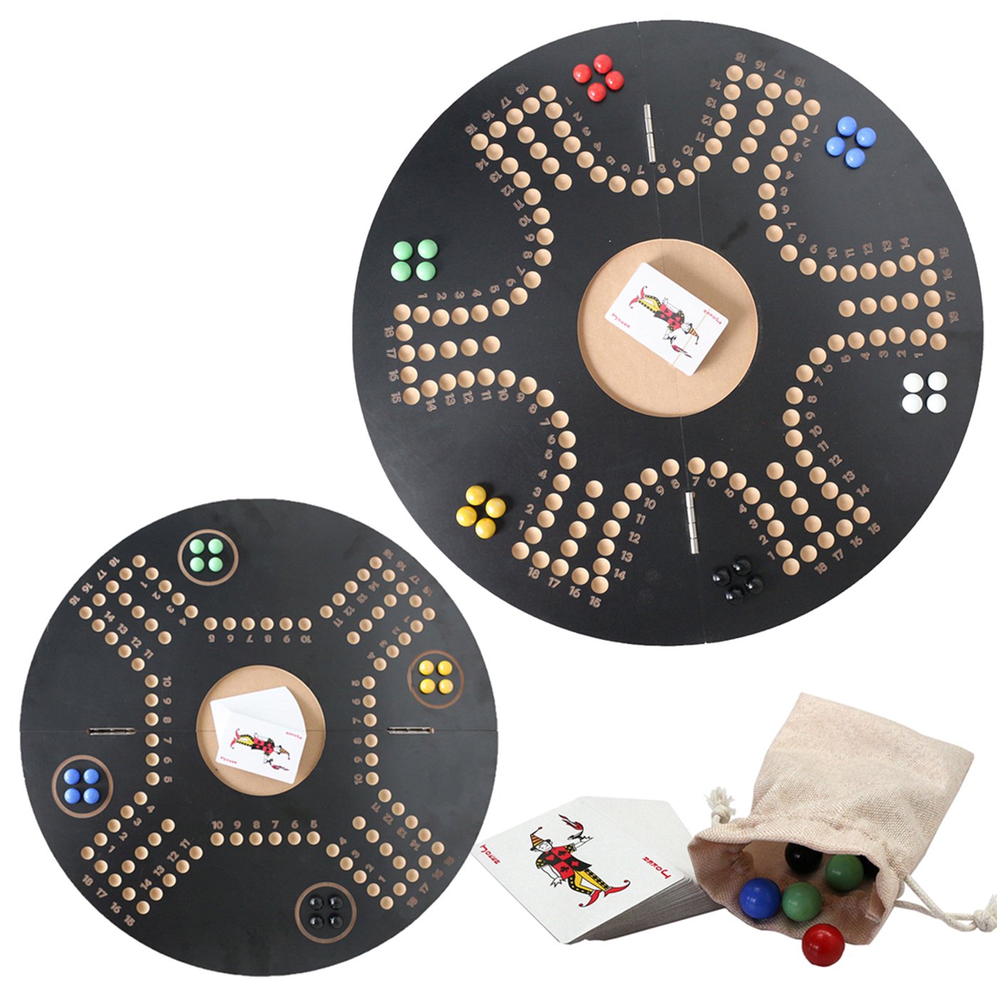 21" Wooden Board Game Original Marble Game Double Sided Painted 2 to 6 Player Fast Track Wooden with 6 Colors 24 Marbles 6 Dice