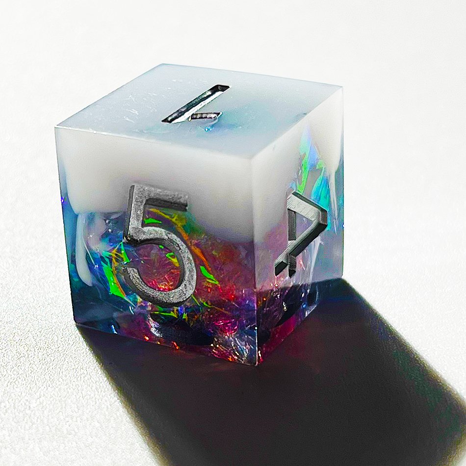 Handmade Factory White and Black Glitter Space sharp edge resin dice set with silver box for gifts