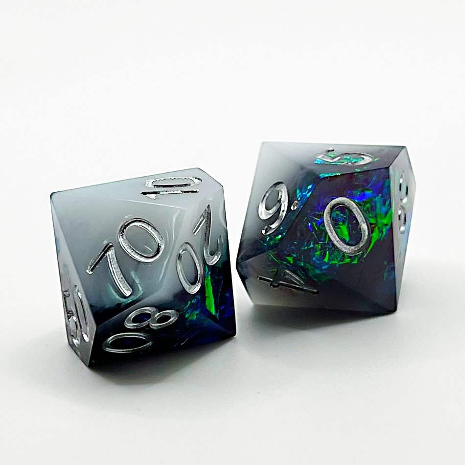 Handmade Factory White and Black Glitter Space sharp edge resin dice set with silver box for gifts