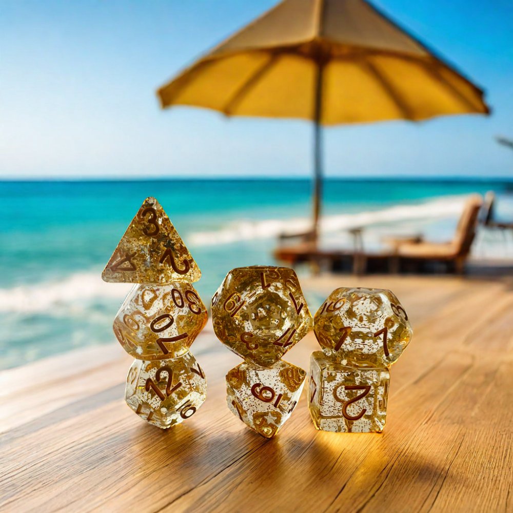 Bulk Custom Logo Engraved Polyhedron Resin Square Corner Pointy Gold Foil Dice Set Yellow Transparent Rpg Dice