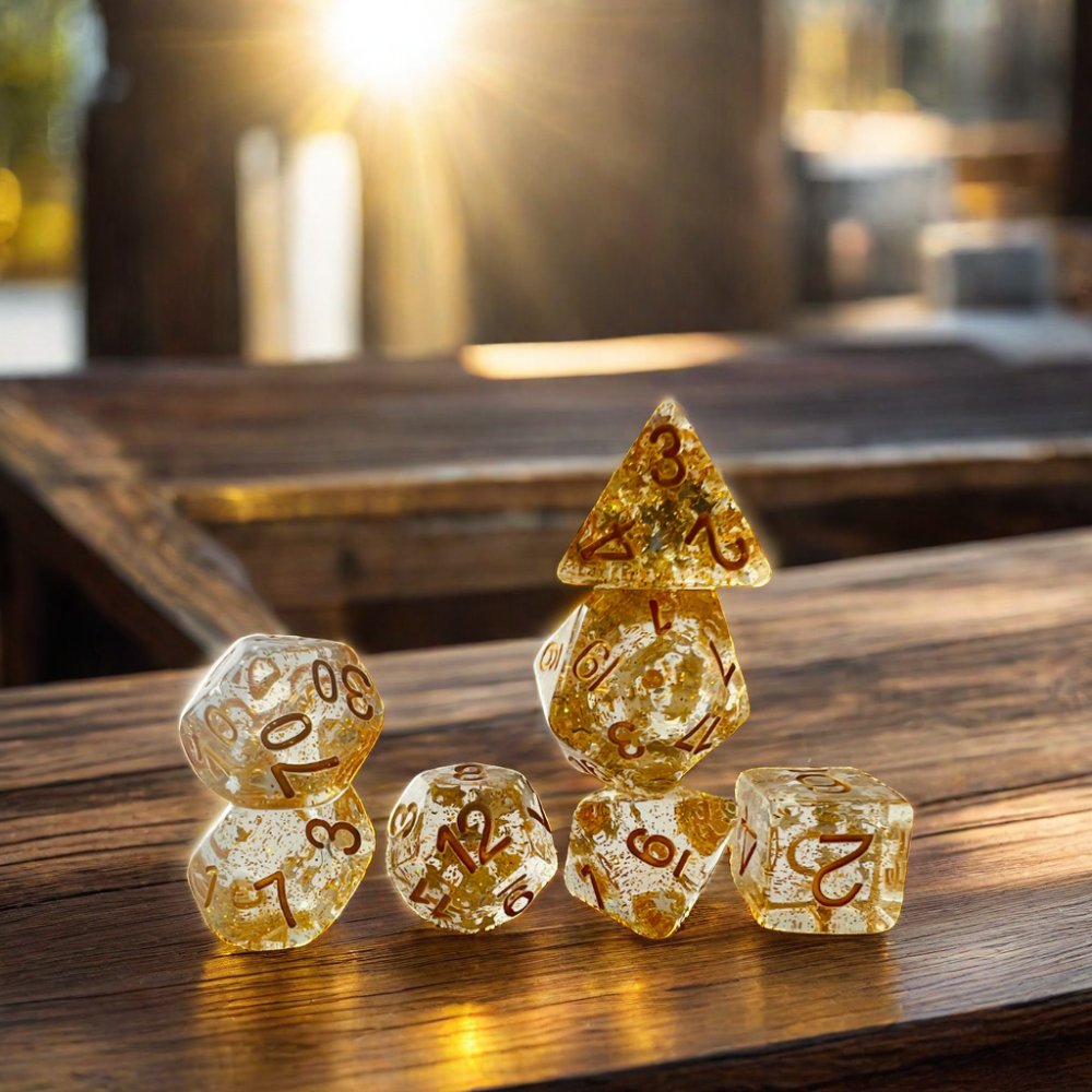 Bulk Custom Logo Engraved Polyhedron Resin Square Corner Pointy Gold Foil Dice Set Yellow Transparent Rpg Dice