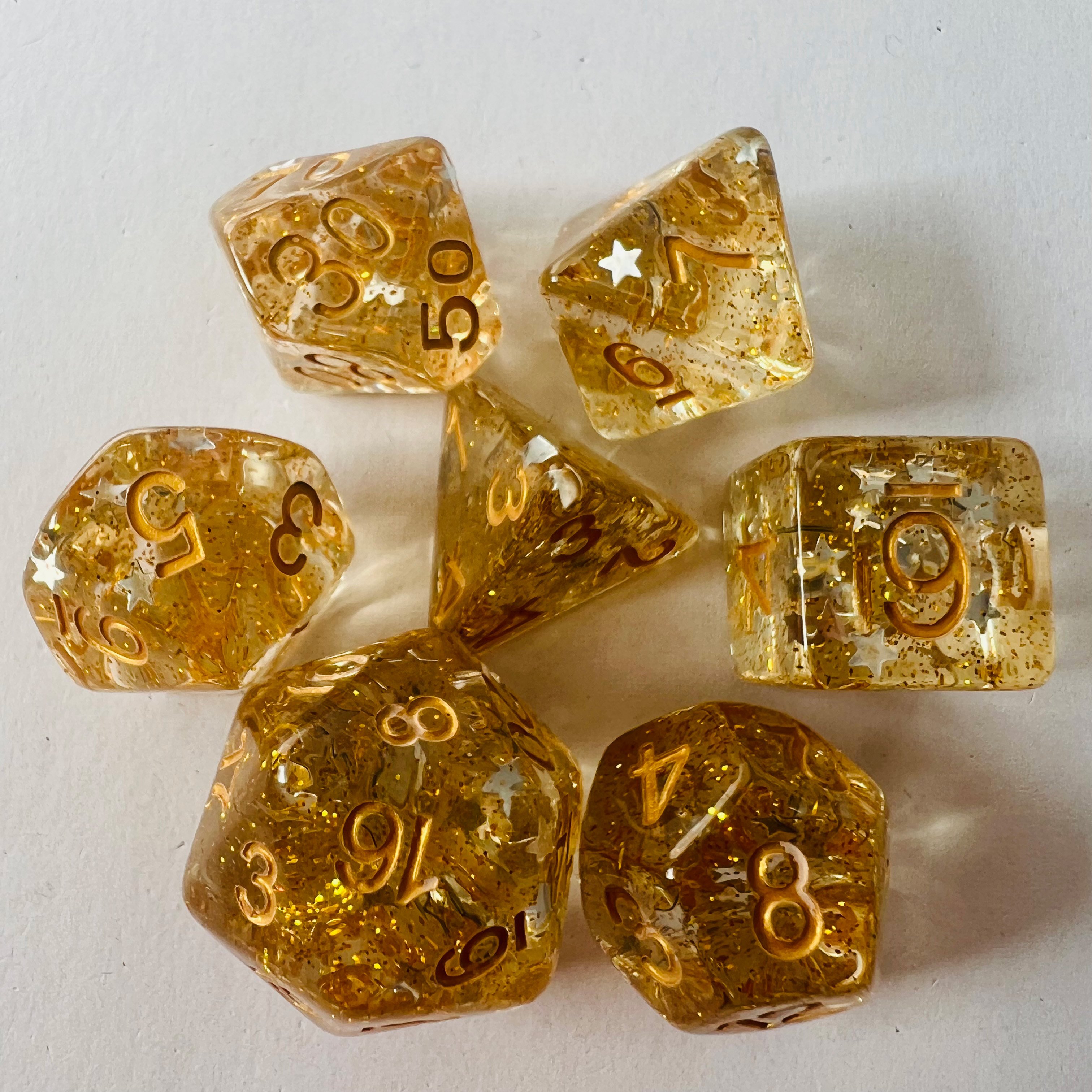 Bulk Custom Logo Engraved Polyhedron Resin Square Corner Pointy Gold Foil Dice Set Yellow Transparent Rpg Dice