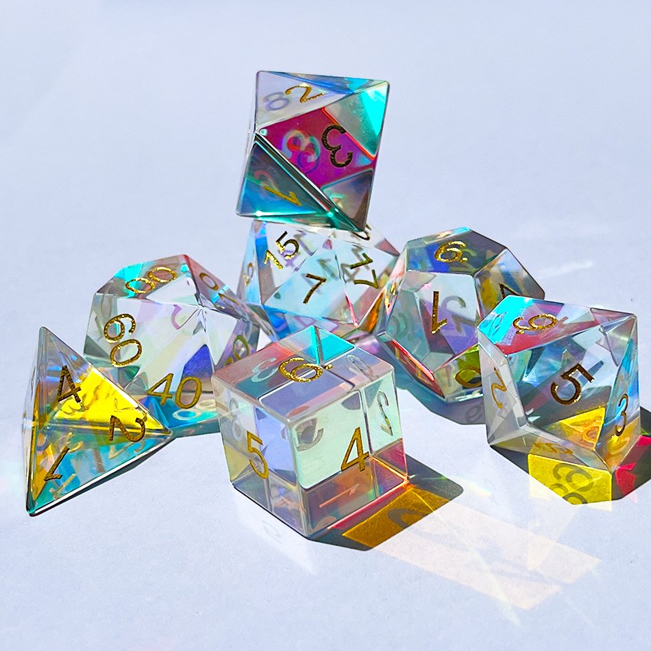 Prismatic Glass Dice Set | 7 Polyhedral Dice | Dungeons and Dragons | DND