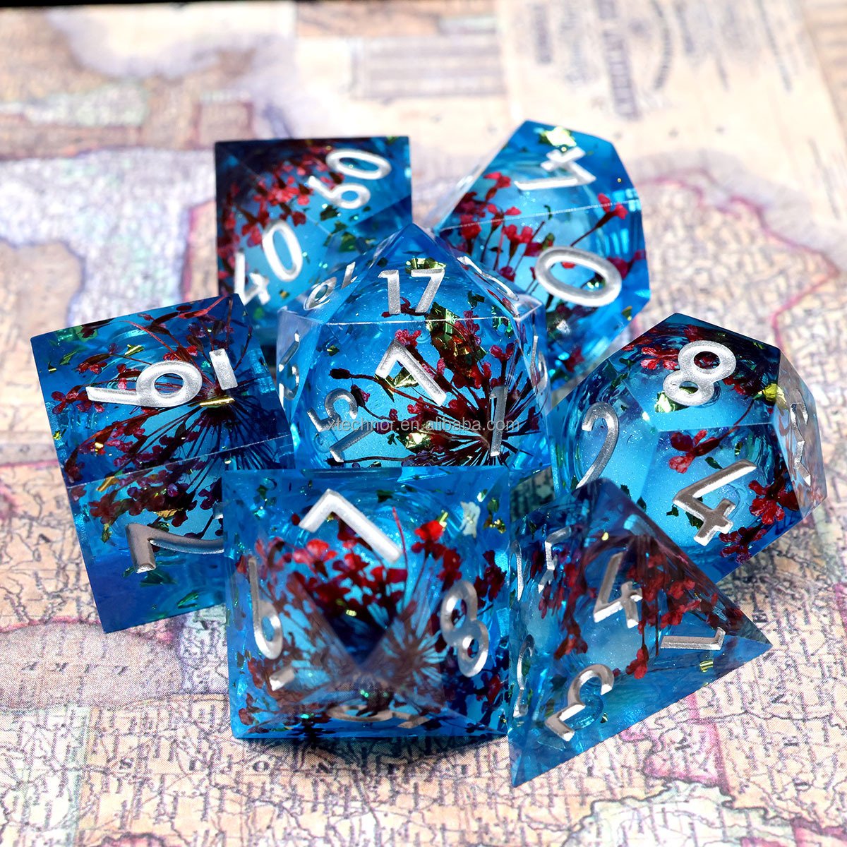 Sharp Edge Blue Transparent Liquid Core DND Dice Set With Flower For Role Playing Board Games D&D