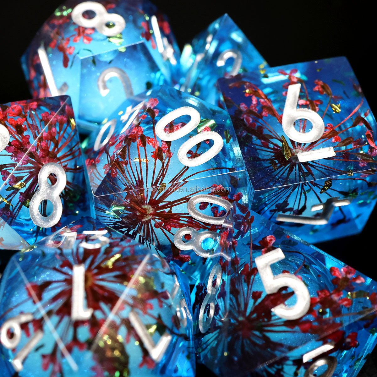 Sharp Edge Blue Transparent Liquid Core DND Dice Set With Flower For Role Playing Board Games D&D
