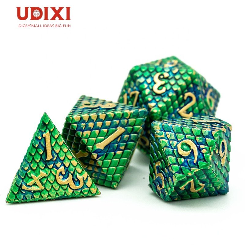 Udixi Polyhedral RPG dungeons and dragons custom logo Metal Dice Set with Dragon scale pattern