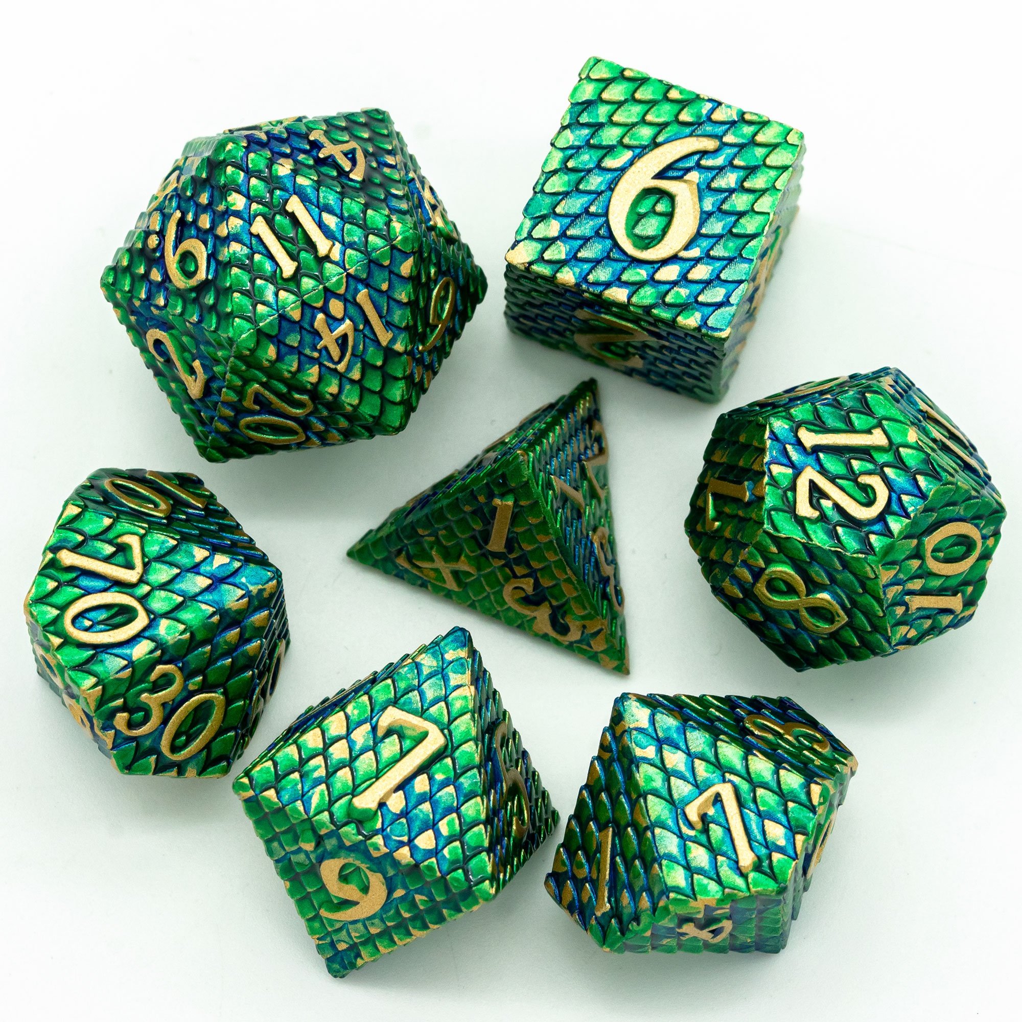 Udixi Polyhedral RPG dungeons and dragons custom logo Metal Dice Set with Dragon scale pattern