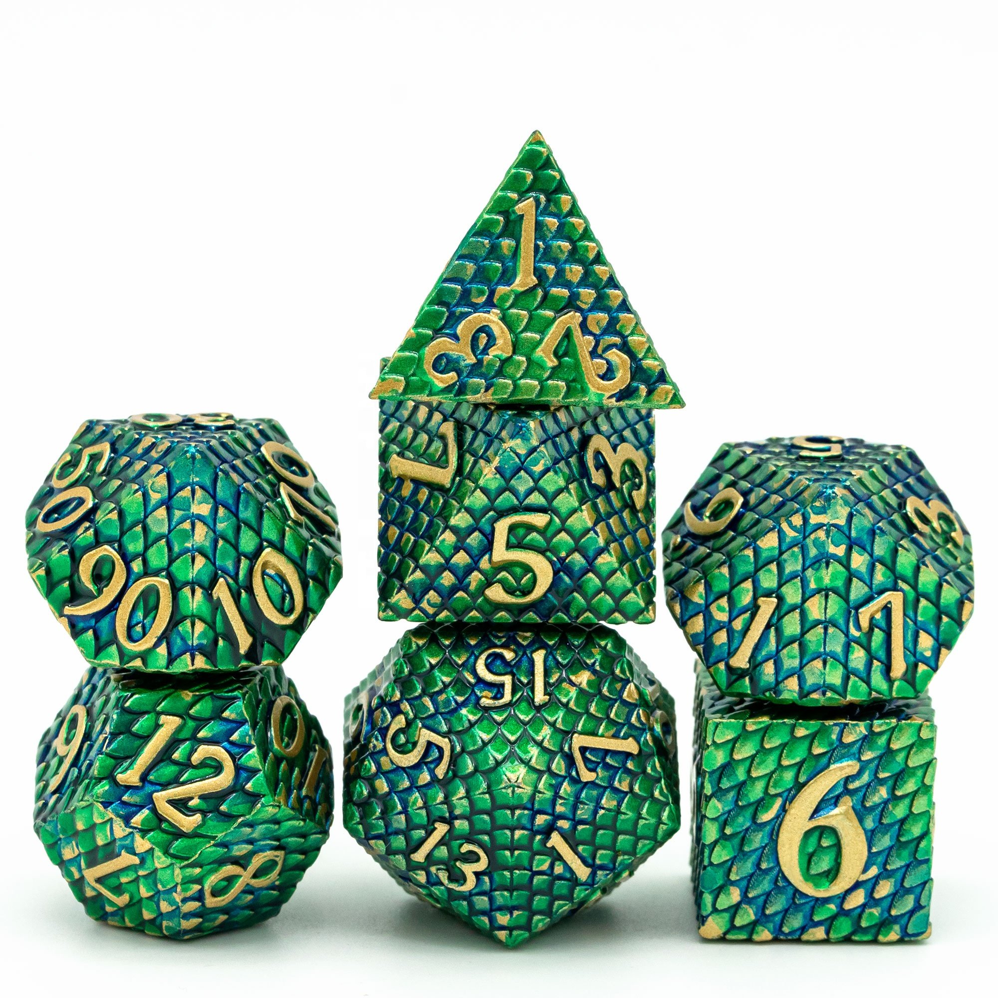 Udixi Polyhedral RPG dungeons and dragons custom logo Metal Dice Set with Dragon scale pattern