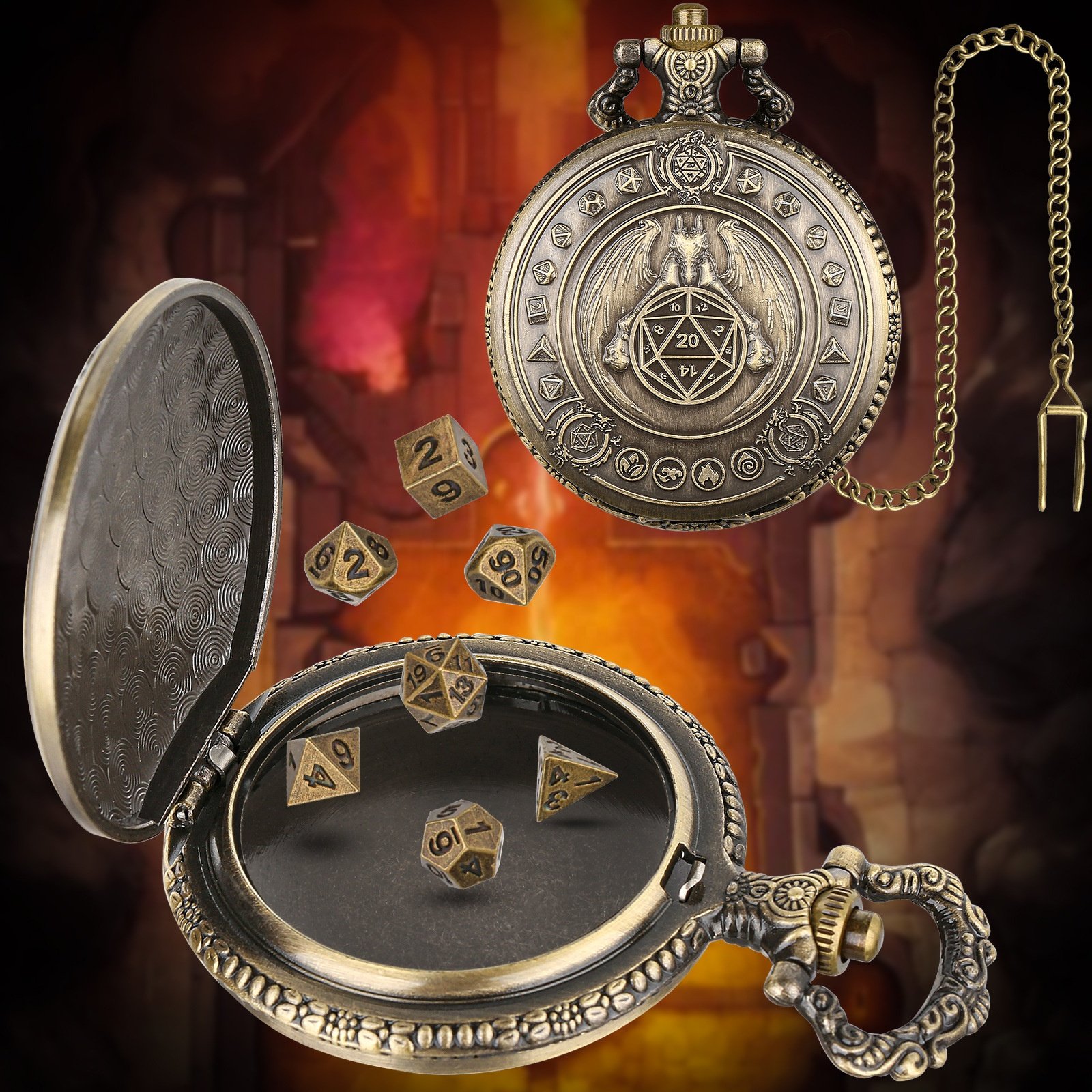 Dungeons and Dragons Mini Metal Dice Set Pocket Watch Shell Metal Dice Box for Role Playing Gamer