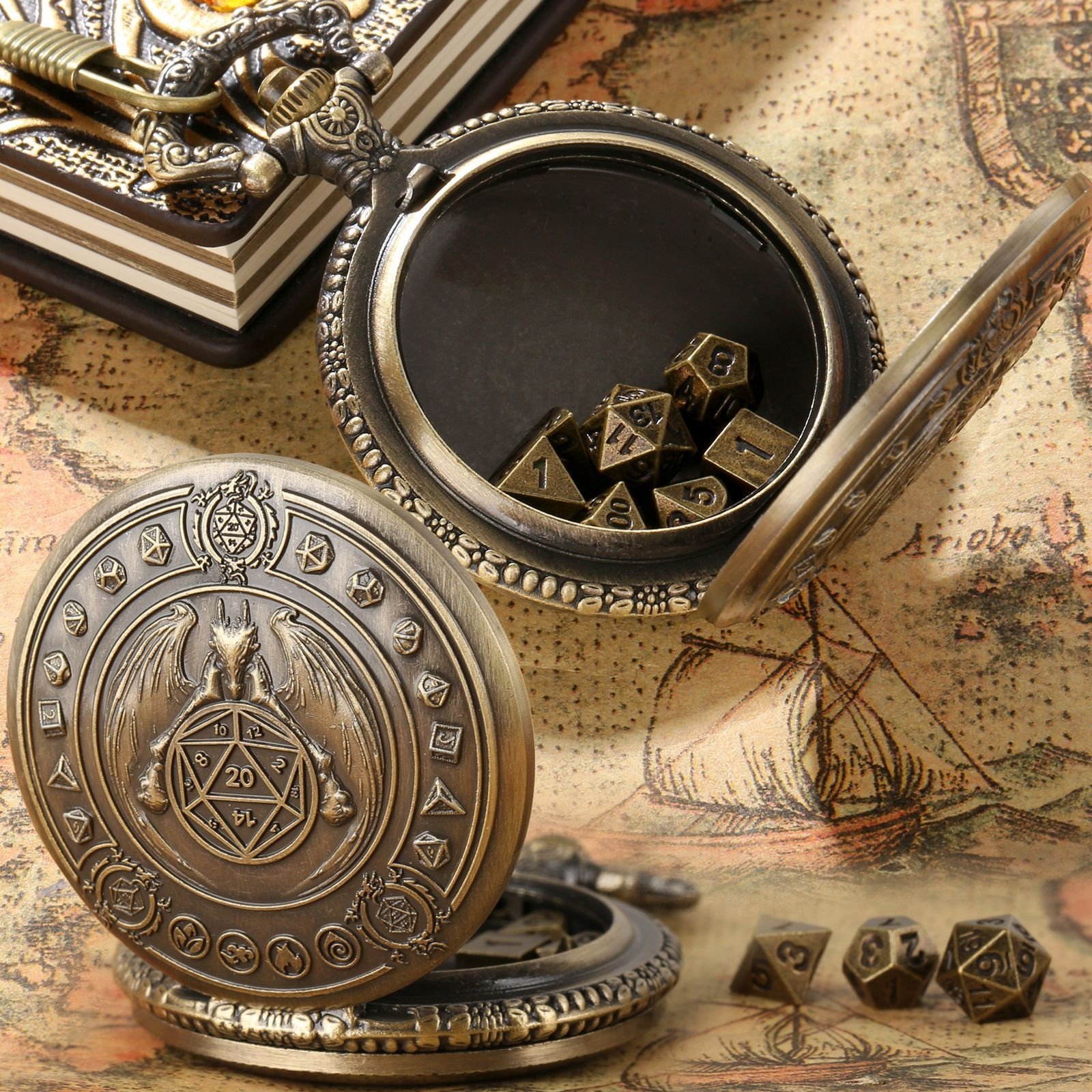 Dungeons and Dragons Mini Metal Dice Set Pocket Watch Shell Metal Dice Box for Role Playing Gamer