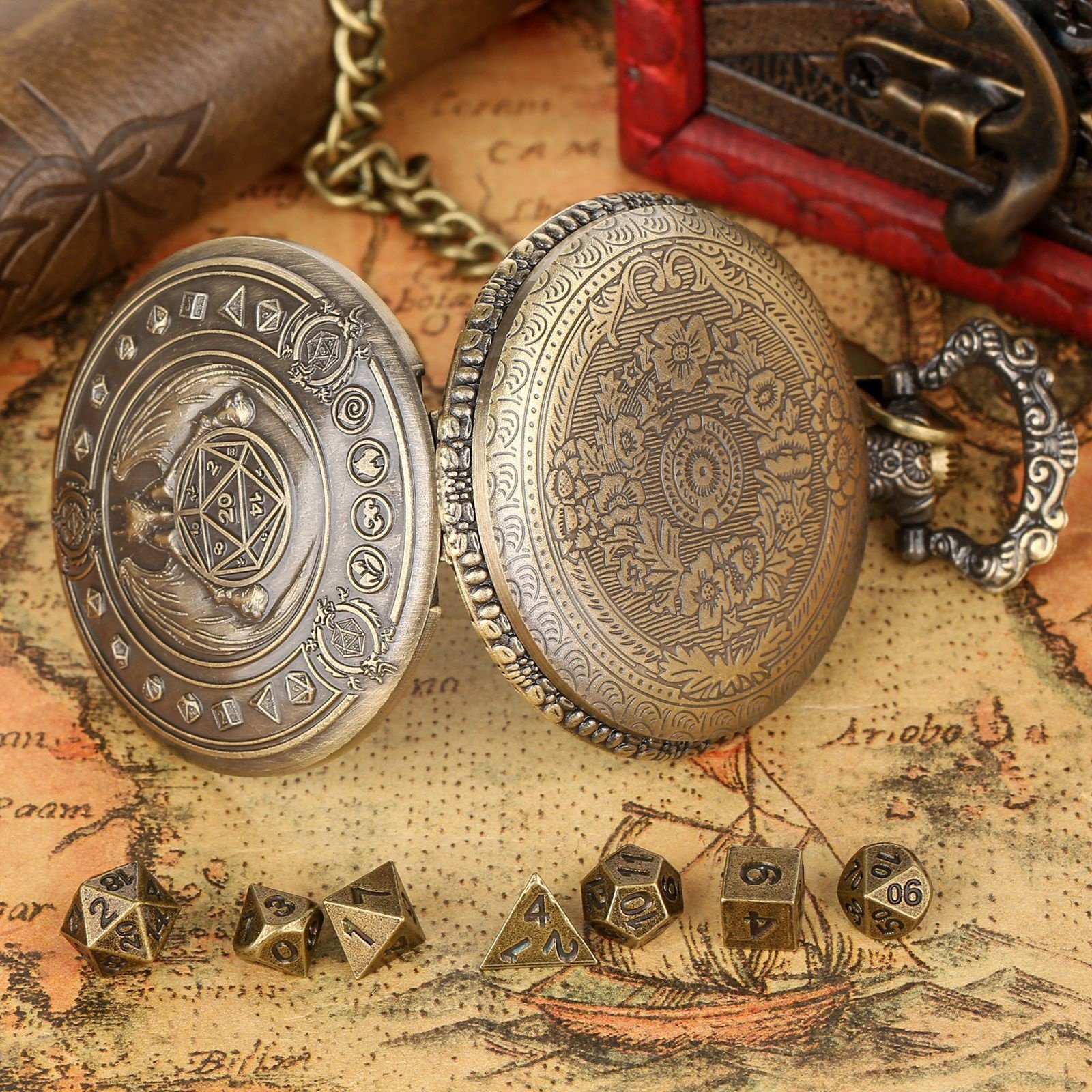 Dungeons and Dragons Mini Metal Dice Set Pocket Watch Shell Metal Dice Box for Role Playing Gamer