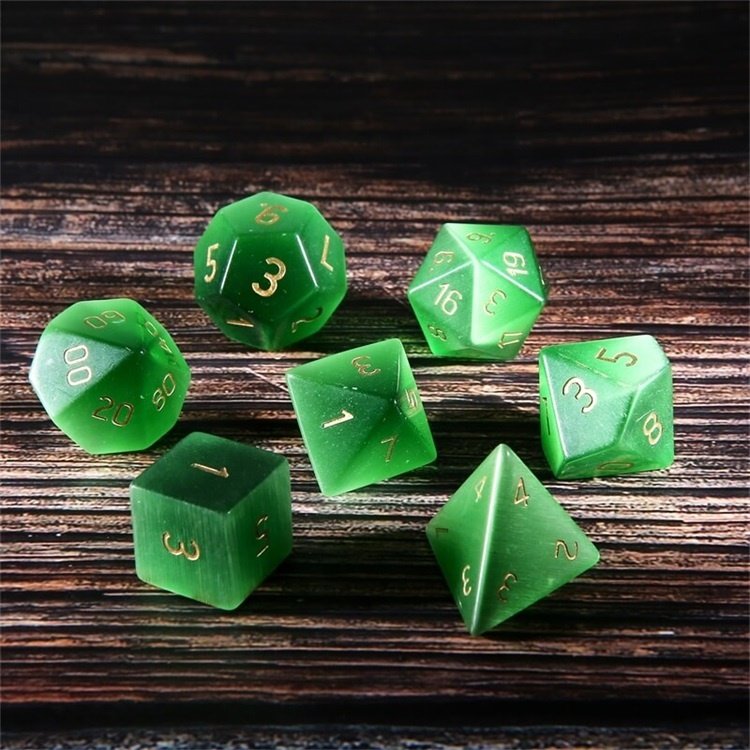 Semi-Precious Green Cat Eye Custom Made Polyhedral DND RPG Gemstone Dice Set