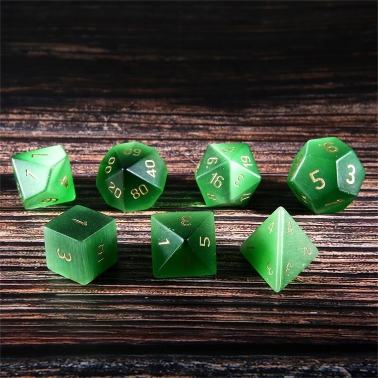 Semi-Precious Green Cat Eye Custom Made Polyhedral DND RPG Gemstone Dice Set