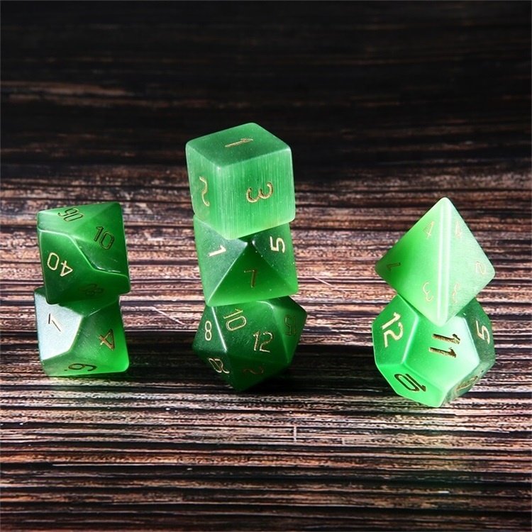 Semi-Precious Green Cat Eye Custom Made Polyhedral DND RPG Gemstone Dice Set