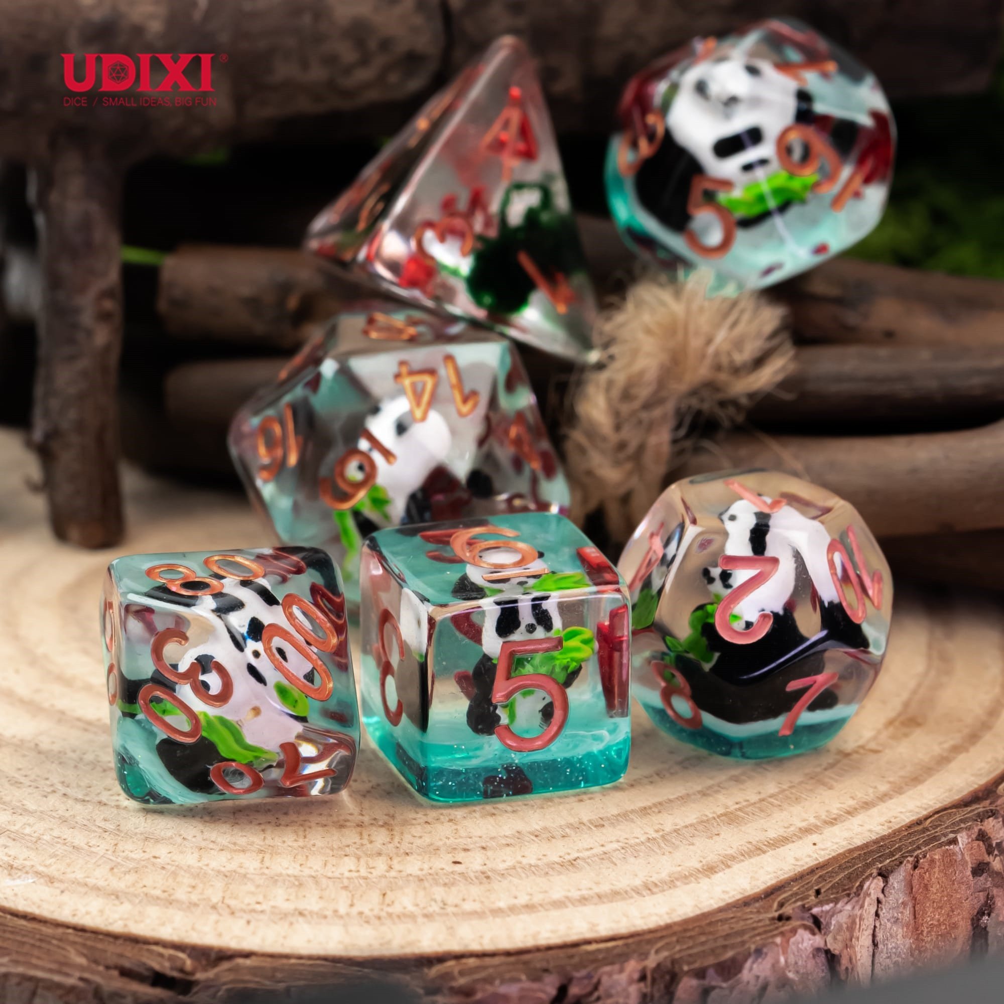 Udixi Plastic Polyhedral custom logo rpg dungeons and dragons resin Panda&bamboo dice game set