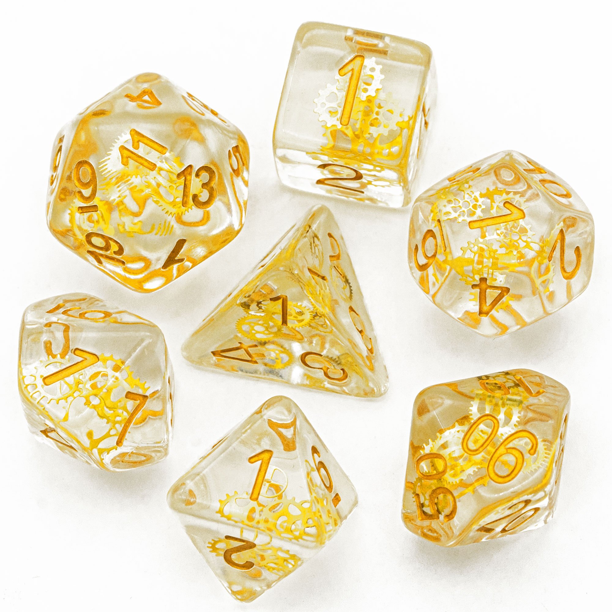 Udixi RPG custom logo Dungeons and Dragons Resin Dice Set with Golden Gearwheel