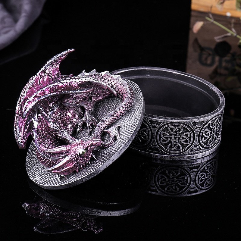 Medieval Fantasy Retro Dice Storage Box Mythical Dragon Lid Treasure Box Resin DND Container with Custom Logo