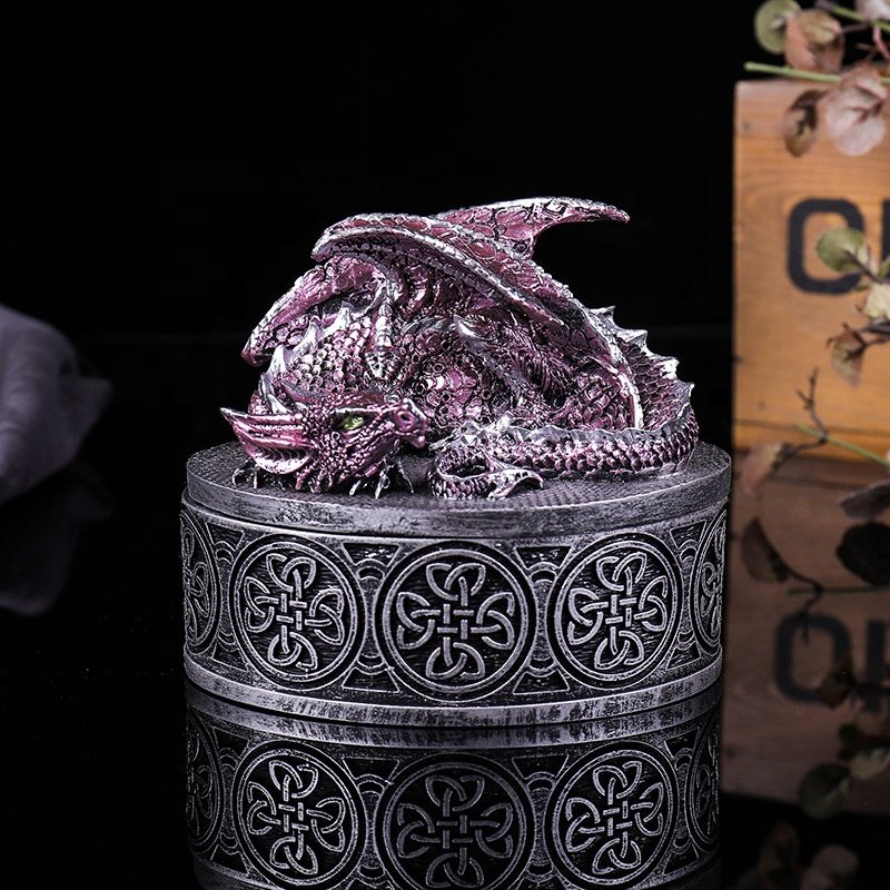 Medieval Fantasy Retro Dice Storage Box Mythical Dragon Lid Treasure Box Resin DND Container with Custom Logo