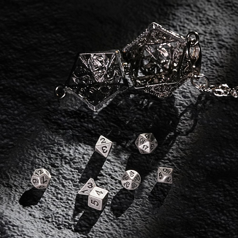 Mini Dice 7 Polyhedral Metal Dice for Tabletop and Role-Playing Games Rolled Pearl Silver
