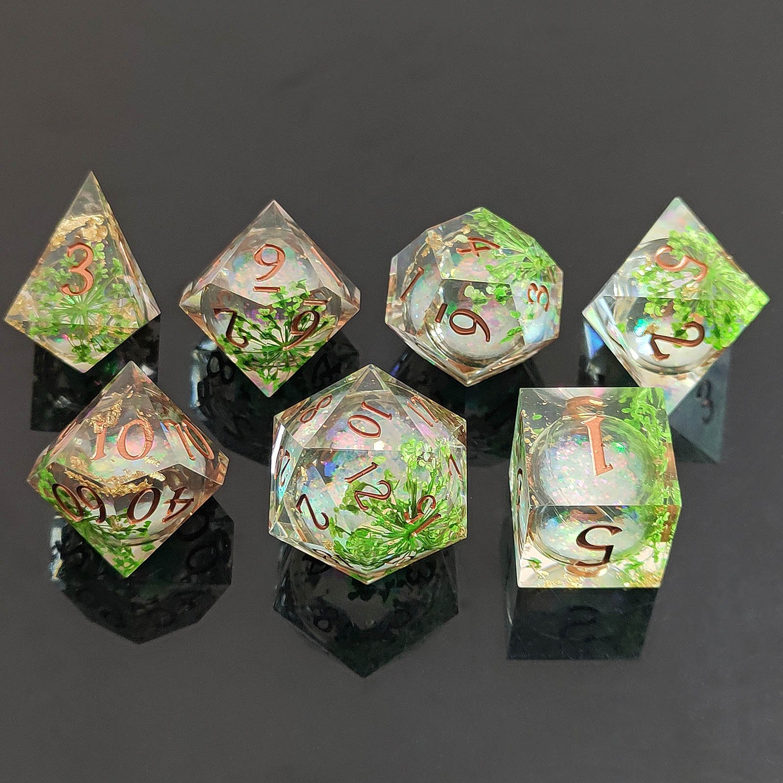 Handmade Romantic Flowers Resin Dice Transparent Sharp Edge Dice Set for DND Game Player