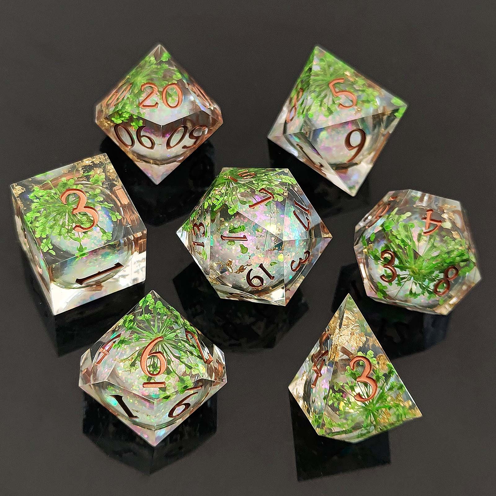 Handmade Romantic Flowers Resin Dice Transparent Sharp Edge Dice Set for DND Game Player