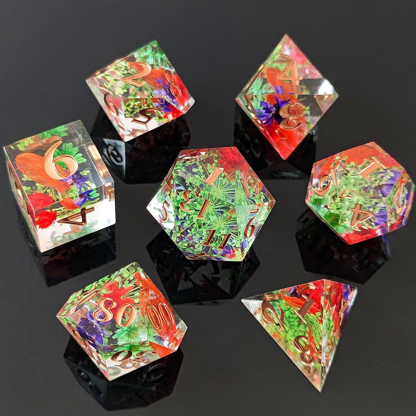Handmade Romantic Flowers Resin Dice Transparent Sharp Edge Dice Set for DND Game Player