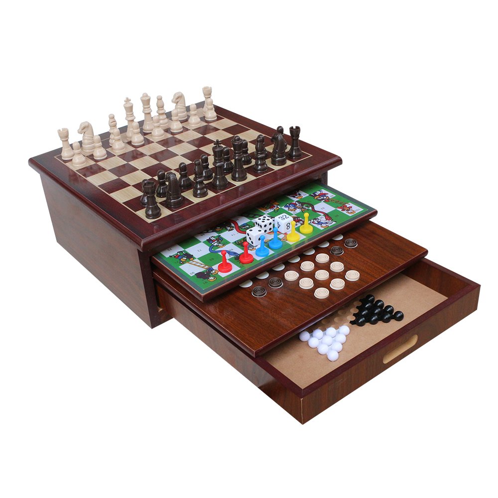 Deluxe 10-in-1 Tabletop Game Center Storage Drawer MDF Materials Checkers Chess Parcheesi TicTacToe Solitaire Mancala Backgammon