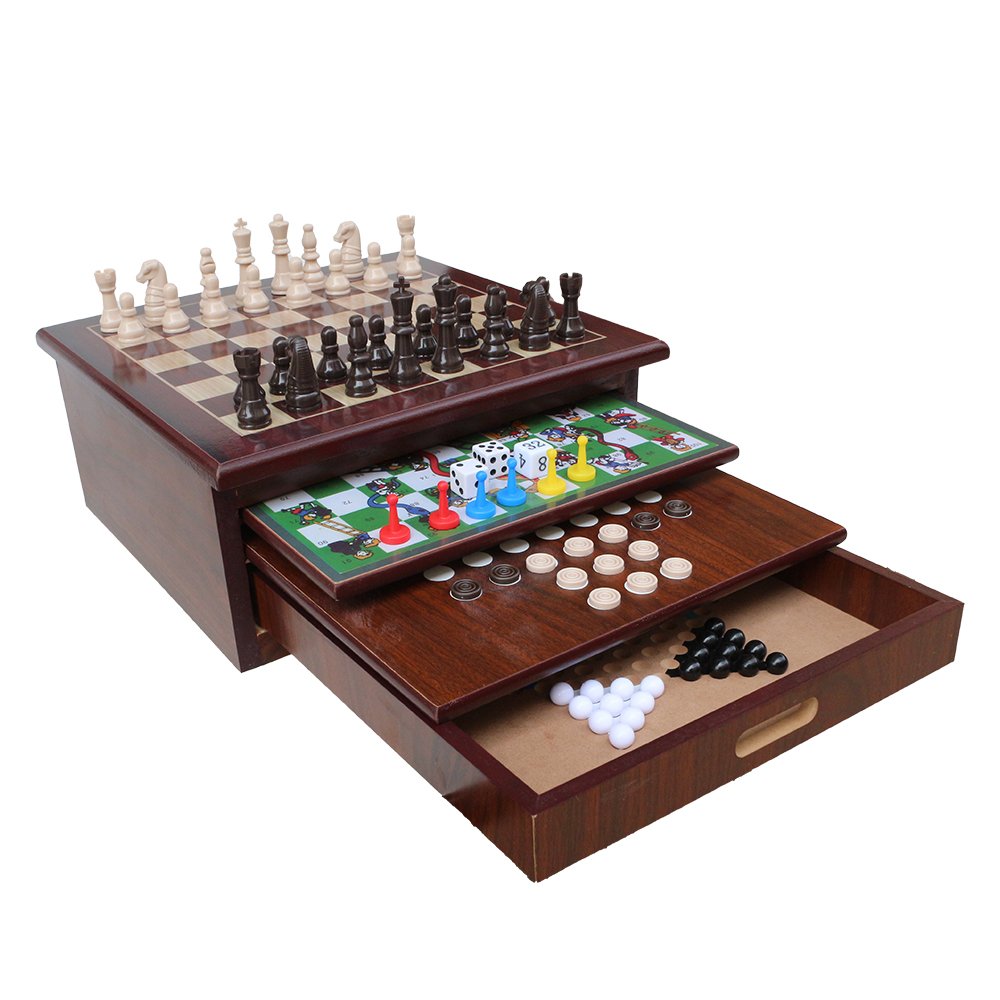 Deluxe 10-in-1 Tabletop Game Center Storage Drawer MDF Materials Checkers Chess Parcheesi TicTacToe Solitaire Mancala Backgammon