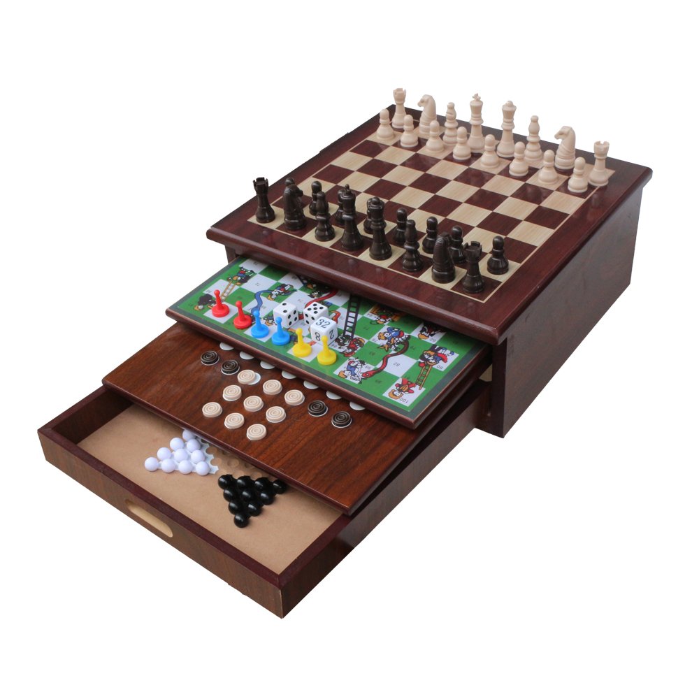 Deluxe 10-in-1 Tabletop Game Center Storage Drawer MDF Materials Checkers Chess Parcheesi TicTacToe Solitaire Mancala Backgammon